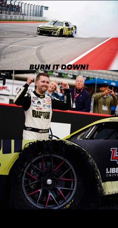 a man standing next to a race car on top of a dirt track with the words burn it down in front of him