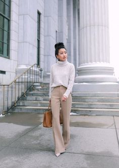 La Work Style, Business Casual Tights Outfit, Cute Outfits For Mid 30s, Tan Wool Pants Outfit, How To Dress Trouser Pants, Business Formal Women Summer, Well Dressed Life Wardrobe Challenge 2023, Tan Dress Pants Outfit Winter, Brown Cardigan Work Outfit