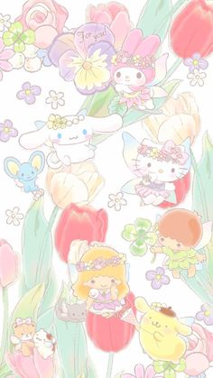 a bunch of cartoon animals and flowers on a white background