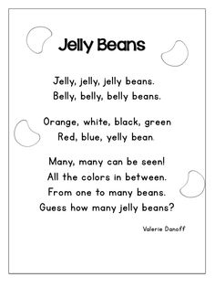 jelly beans poem with the words jelly beans written in black and white, on a white background