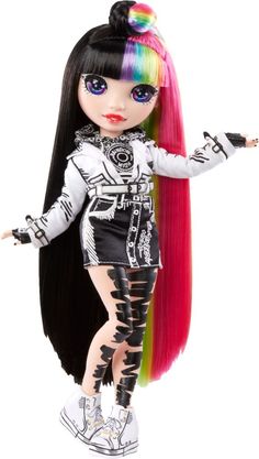 a doll with long black hair and rainbow colored hair is posed on a white background