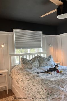 a dog laying on top of a bed in a bedroom next to a ceiling fan