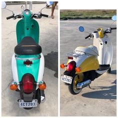 two different colored scooters parked in a parking lot with people walking around them