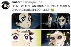 an image of some anime characters with different expressions on their faces and the words i love when taurios kindness makes characters speechless