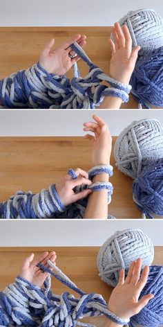 someone is crocheting yarn on top of each other to make a ball of yarn