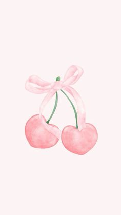 two pink cherries tied with a ribbon on top of each other in the shape of hearts