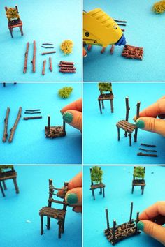 several pictures of miniature furniture made out of legos and wood pieces, including a bench