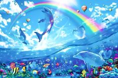 dolphins swimming under a rainbow colored sky with clouds and balloons in the air above them