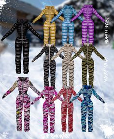 the snowsuits are all different colors and sizes, but there is no image to describe