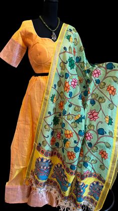 Pure Mangalagiri Silk Cotton Lehenga with pen kalamkari silk cotton Dupatta. Silk Cotton Lehenga with zari borders. Lined skirts and blouse , double lined. Color : yEllow with pink silver zari Blouse size :36 goes upto 39 Skirts - 36-40. Duppatta: pen kalamkari hand painted silk dupatta Lined Skirts, Kalamkari Dupatta, Cotton Lehenga, Cotton Dupatta, Painted Silk, Skirt And Blouse, Hand Painted Silk, Silk Dupatta, Lehenga