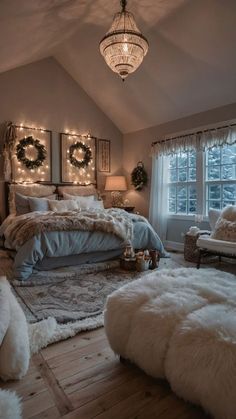 a bedroom decorated with lights and fur rugs