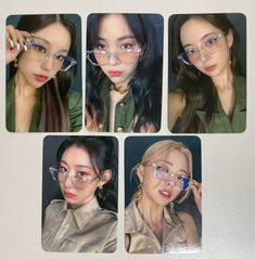 four pictures of women wearing glasses with different frames