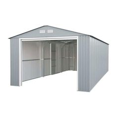 a metal garage with the doors open and two windows closed on one side, in front of a white background