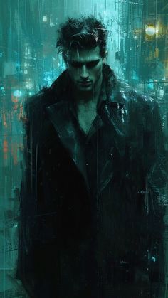 a painting of a man standing in the rain wearing a black jacket and sunglasses with his hands on his hipster's back