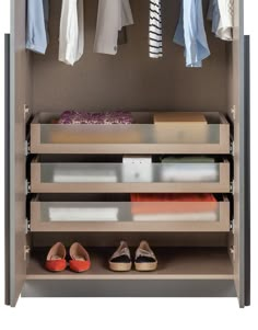 an organized closet with shoes and shirts