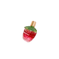 a strawberry shaped perfume bottle with a green leaf on it's top and red liquid in the bottom