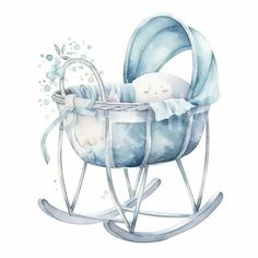 a watercolor painting of a baby's cradle in blue and white with bubbles coming out of it