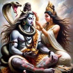 lord person and goddess sitting on the ground in front of a snake, with their eyes closed