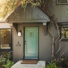 a house with a green door and some plants in front of the entrance to it