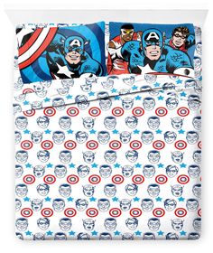 captain america bedding set with blue and red designs on the sheets, along with matching pillowcases