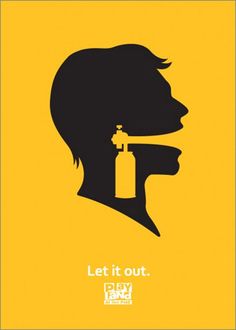 the silhouette of a man with a bottle in his mouth, against a yellow background