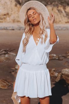 White 3/4 Sleeves Textured Smocked Drape Beach Dress Cotton Gauze Dress, Drape Dress, Draped Neckline, Gauze Dress, Party Dress Long Sleeve, Solid Color Dress, Puff Sleeve Dresses, Lined Skirt, Draped Dress