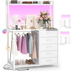 PRICES MAY VARY. 👗【Dresser with Hutch & Hanging Rack】: This dresser design with practical hanging rack, 5 storage drawers, top hutch, it can be a dresser, closet, or TV stand (3-1). 5 wide and deep drawers beside the rack can hold 90-120 socks, 50-60 Coats, or 70-80 jeans. The hutch can place many items like photo albums, books. As a TV Stand it can hold up to 45 Inch. With this integrated 3-1 dresser, you can more conveniently hang and store your clothes and accessories without needing 3 furni Standing Clothing Rack Bedroom, Dresser In Closet Ideas Small Spaces, Dresser In Closet Ideas, Dresser With Hutch, Dresser With Shelves, Led Lights Tv, Hooks Bedroom, Tv Stand Dresser, Clothing Rack Bedroom