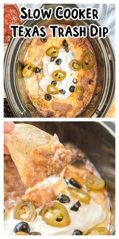 slow cooker texas trash dip recipe with black olives and sour cream on top