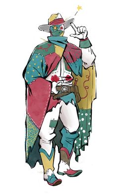 a drawing of a man dressed in colorful clothing and hat holding a bottle with his right hand