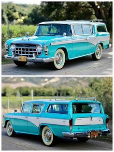 an old blue and white station wagon parked on the side of a road next to another car