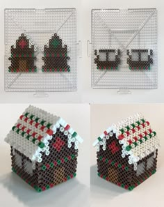 four different pictures of small houses made out of perler beads and plastic pegs