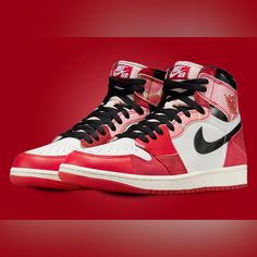 The Air Jordan 1 High Og Spider-Man Across The Spider- Verse Gs Showcases A Visual Composition Incorporating Three Primary Colors: White, Black, And University Red, Which Collectively Shape Its Overall Look. This High Og Spider-Man Across The Spider- Verse Air Jordan 1 In Grade-School Sizing Features A White Leather Upper With Black Patent-Leather On The Collar And Nike Swoosh. The Overlays In Scarlet Color Are Made Of A Combination Of Different Textures And Prints, Creating A Patchwork-Like Des Nike University Red High-top Sneakers, Nike High-top Sneakers In University Red, Red Nike High-top Sneakers With Laces, Pink High-top Basketball Shoes With Red Sole, Nike Jordan Red Shoes For Streetwear, Visual Composition, Scarlet Color, Nike Shoes For Boys, Fire Shoes