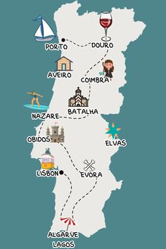 the map of spain with all its major cities and their main attractions, including wine glasses