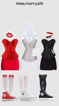 four different dresses and shoes are shown in the same image, one is white with red accents