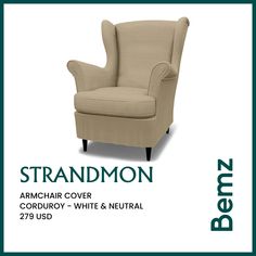 This cover is specially designed to fit the IKEA Strandmon armchair. It comes with classic piped edges and a clean modern style – a cool Scandinavian twist on the original IKEA cover. It includes 2 individual pieces: 1 frame cover and 1 seat cushion cover. The cushion cover is reversible. The frame cover is designed to fit on top of the original cover (as the original cover is not removable). So if you have a brightly coloured or patterned model, this might show through lighter, finer fabrics. Unsure? Test a free sample before you order. Ikea Strandmon, Replacement Furniture Legs, Headboard Cover, Ikea Sofa, Bean Bag Covers, Daybed Covers, Arm Chair Covers, Outdoor Cover, Seat Cushion Covers