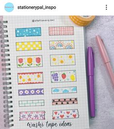 an open notebook with washi tape designs on it and a pen next to it