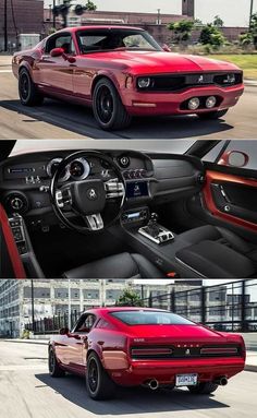 two pictures of the interior and dashboard of a red sports car, one with black leather seats