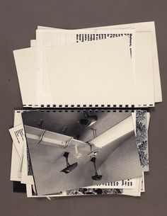 several photographs are stacked on top of each other in black and white, including one with an overhead lamp