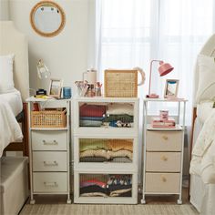 an organized bedroom with drawers and baskets