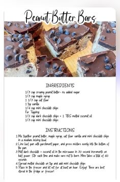 a recipe for peanut butter bars with chocolate and blueberries