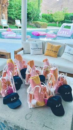 Veuve Clicquot champagne bachelorette theme with cute pink and orange gift bags Veuve Bachelorette, Bachelorette Party Gift Bag, Bachelorette Gift Bags, Bachelorette Bag, Miami Bachelorette Party, Bachelorette Theme, Bachelorette Party Beach, Bachelorette Party Planning