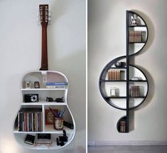 there is a guitar shaped book shelf next to the wall