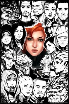 an image of a woman surrounded by many different faces and headdress, all in black