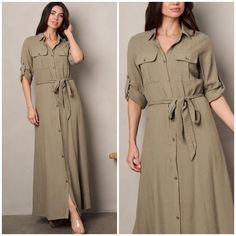 An Updated Classic Effortless Style ! Sugarlips Utility Style Maxi Shirt Dress. Made Of Quality Lightweight Flowy Material In A Gorgeous Shade Of Olive Green. Shirt Maxi Dress Is Fully Lined. Front Pockets And Front Button Closure. 3/4 Sleeves Can Be Rolled Down To Long Sleeves. Self Adjustable Tie Waist Belt. Perfect For All Seasons !! These Are New With Tags Add Your Likes To A Bundle And Save Multiple Items Bundled Pay One Shipping Fee If You Like Free People Anthropologie Stitch Fix Vici Vic Dresses With Tennis Shoes, Shirt Maxi Dress, Olive Green Shirt, Utility Style, Brown Shirt, Maxi Shirt Dress, Long Shirt Dress, Green Shirt, Long Shirt