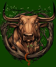 a bull with horns and vines on its face is surrounded by leaves, branches, and a crescent