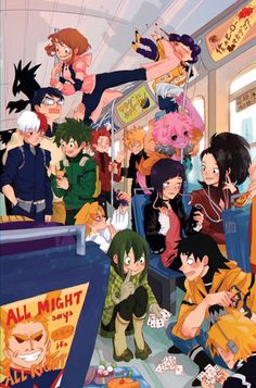 an anime scene with many people on the train