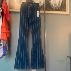 These Are Never Worn, I Got Them As A Gift But They Are Too Long On Me. For Reference, I Am 5'2 So If You’re On The Shorter Side, These Would Fit Great With Heels. Material Is Definitely Stretchy, I Am Usually A 2-4 In Jeans But These Fit Perfect Around My Waist/Backside Area. Blue Cotton Patchwork Flare Jeans, Striped Bootcut Jeans, Striped Boot Cut Jeans, Denim Blue Patchwork Flare Jeans, Striped Flare Jeans, Striped Bell Bottoms, Khaki Pants Women, Velvet Flare Pants, Jumpsuit Navy Blue