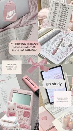 a collage of pink items including a laptop, calculator and pen