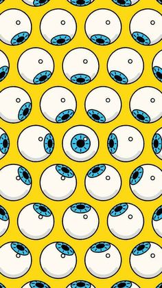 a yellow background with blue and white circles on it's surface, all in different sizes