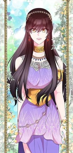 an anime character with long black hair wearing a purple dress and gold jewelry, standing in front of flowers